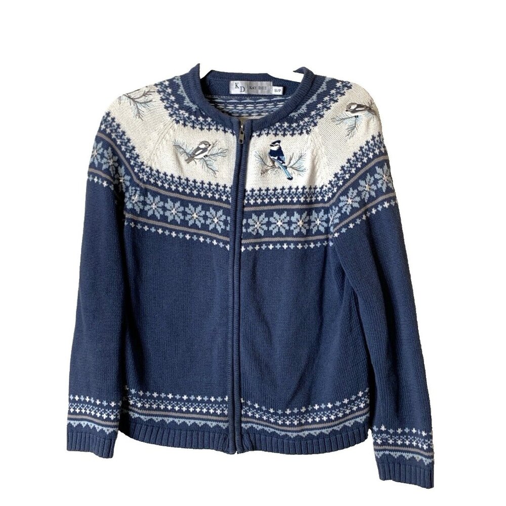 Kay Dee Cardigan Women’s Full Zip Embroidery Birds Size S Blue White Fair Isle